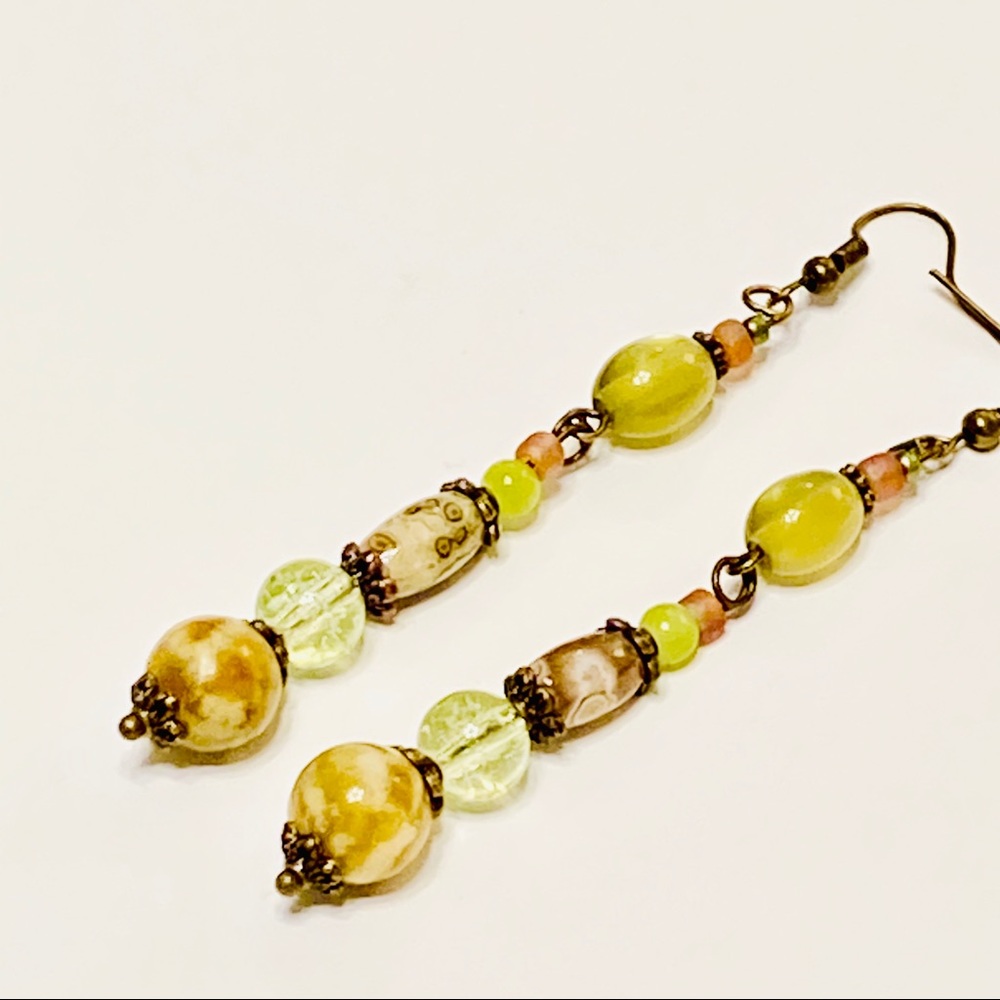 Long Lightweight Birdseye Rhyolite Jasper & Australian Opal Crystal Earrings